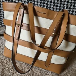 Michael Kors Canvas & Leather Tote Bag Tan Cream Large Shoulder Bag